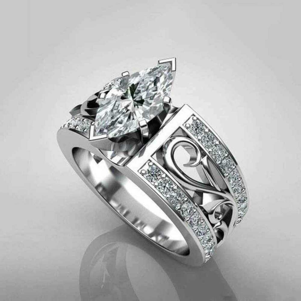 925 Silver Marquise Cut Cubic Zircon Wedding Ring - Picture 2 of 5